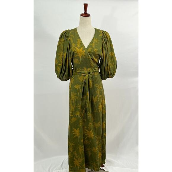 JUAN DE DIOS Sz M/L Ermita Wrap Around Midi Dress Green Palms Linen - Picture 9 of 16
